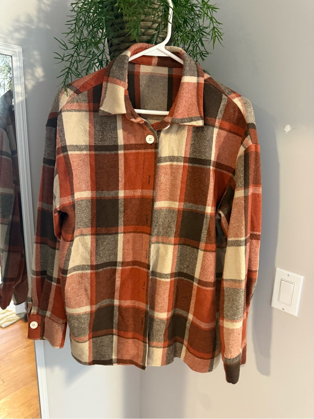 SHEIN Rust, Cream & Brown Plaid Teddy Shacket